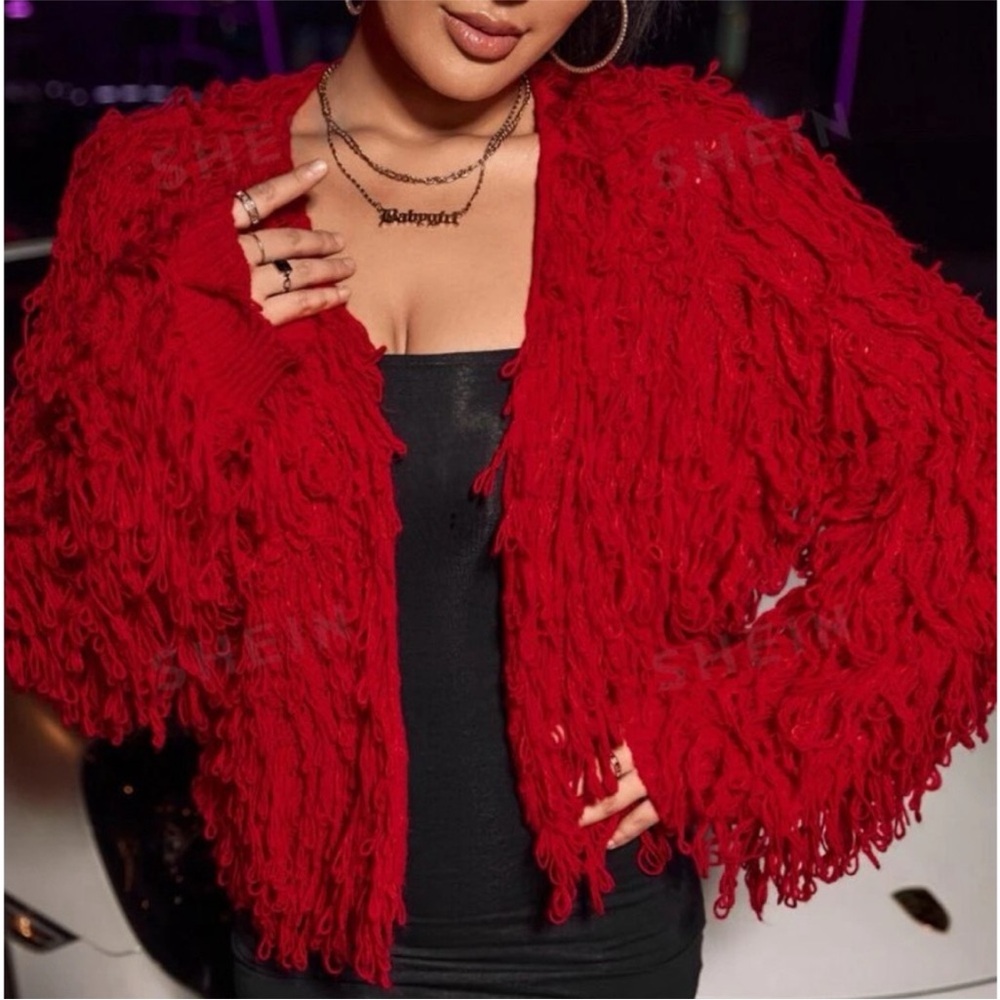 SHEIN Off-the-Shoulder Red Fringe Sweater